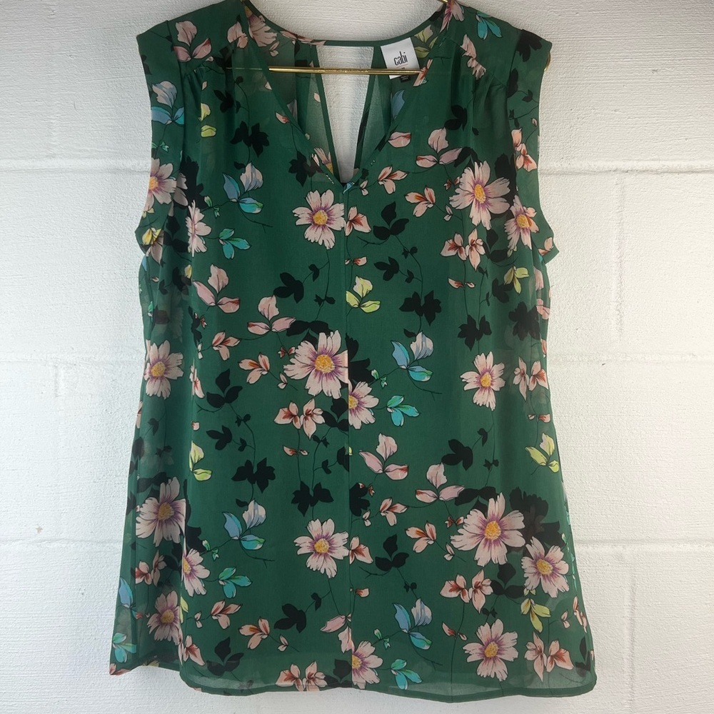 CAbi Green Floral Sleeveless Blouse